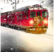 A red train covered in holiday decorations traveling down a track with deep drifts of snow on either side. The calendar search this image will open in an external site and in a new tab or window.