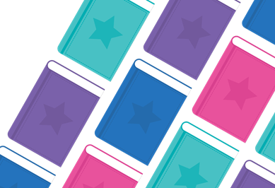 teal, purple, pink books with star on covers. All at diagonal angle.