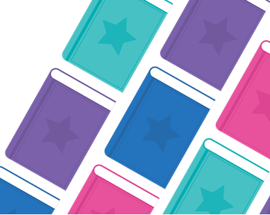 Tteal, purple, pink books with star on covers. All at diagonal angle.