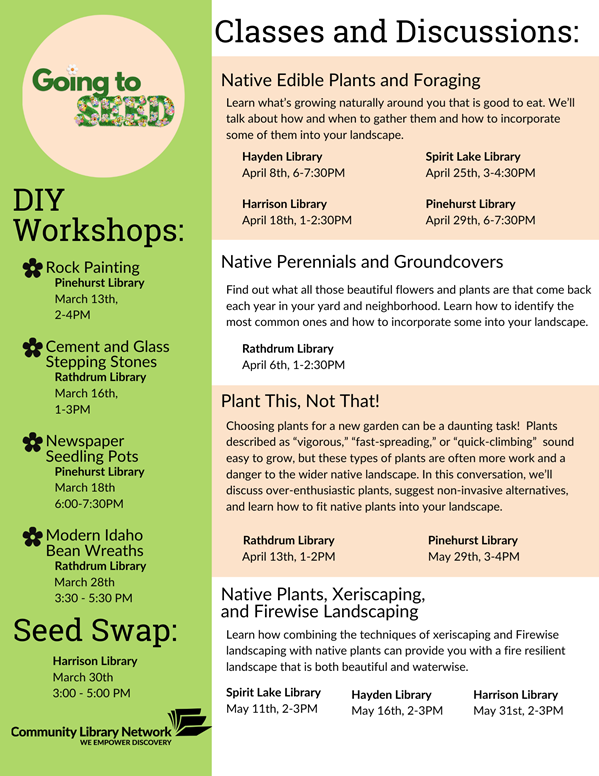 Image depicts the flyer containing all the Going to Seed events.  It links to the website calendar with all classes listed and described.