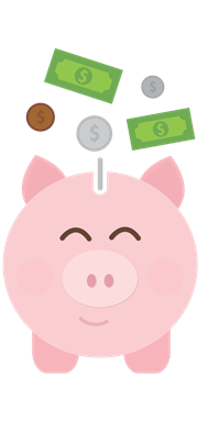 Image depicts a pink piggy bank with cash and coins.