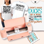 A Cricut machine and examples of t-shirts with funny sayings that were created using the cricut machine. The calendar search this linked image will open in an external site and in a new tab or window.